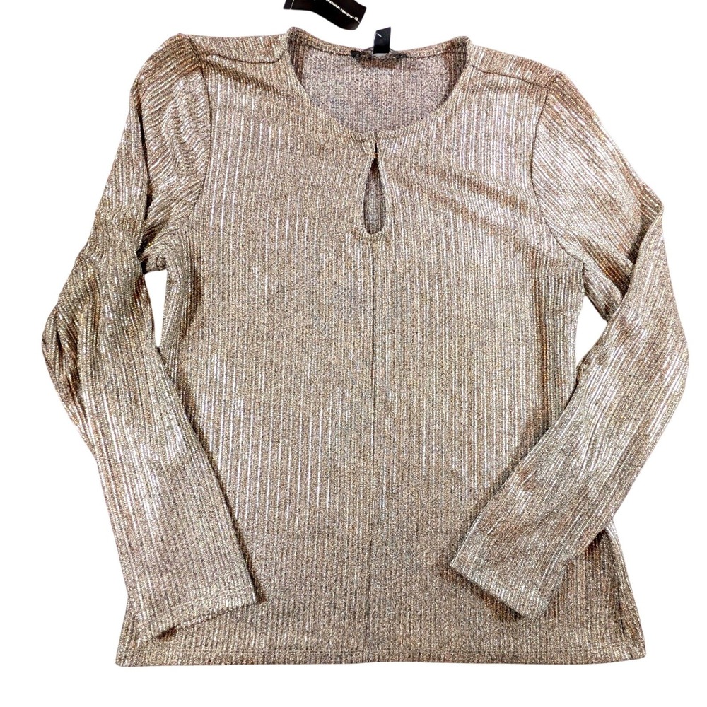 INC International Concepts Womens XL Gold Metallic Ribbed Keyhole Top Holiday